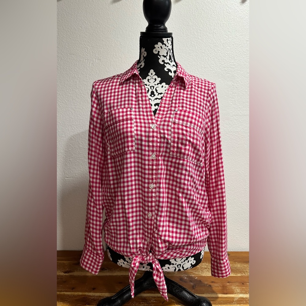 Jones New York Button Down Pink and White Check Blouse